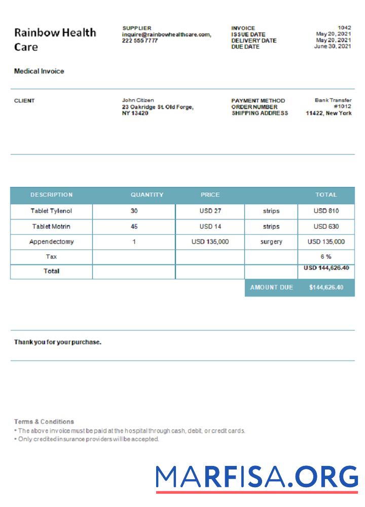 Realistic USA Rainbow Health Care invoice real example